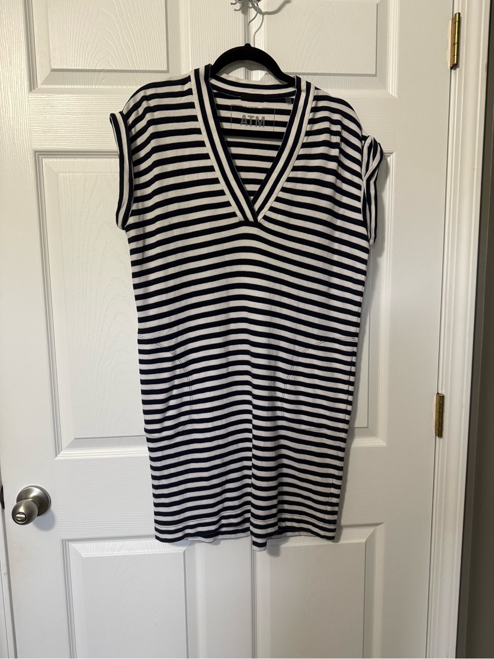 ATM 100% Pima Cotton Black & White Striped V-Neck Dress- XS - Picture 2 of 7